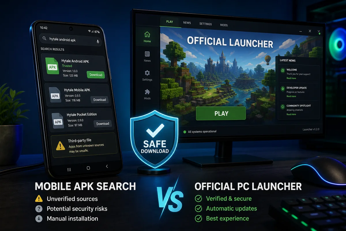 Téléphone Android affichant le statut de Hytale sur Android à côté d'un écran de launcher officiel de bureau