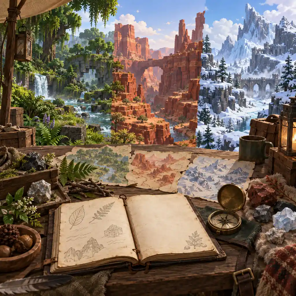 Conceptual explorer field notes with blank maps, a compass and environmental samples from three Hytale-style zones