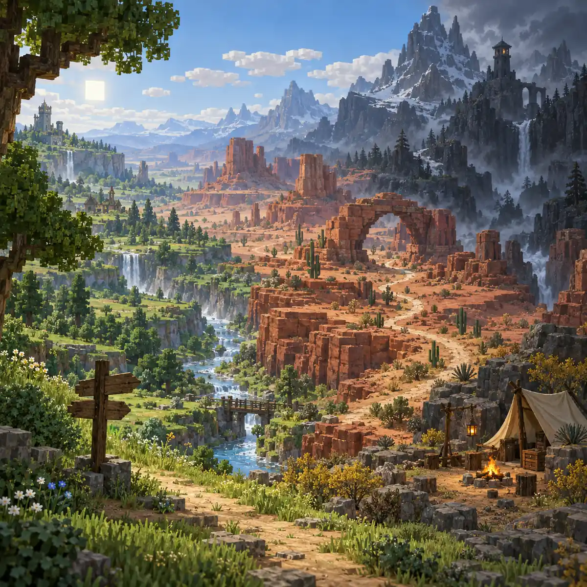 Conceptual Hytale landscape showing a green valley, red desert and high mountain connected by an exploration trail