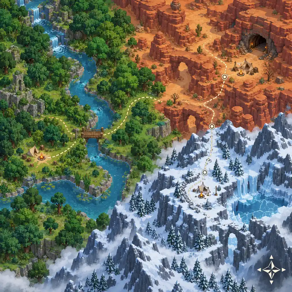 Top-down conceptual route through forest, canyon and snowy mountain environments with camps and landmarks