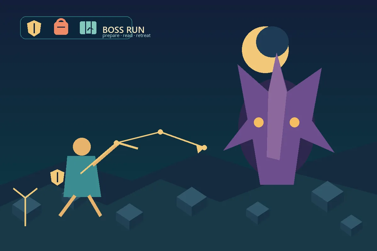 Editorial illustration of an adventurer keeping an exit route while facing a Hytale-style boss encounter