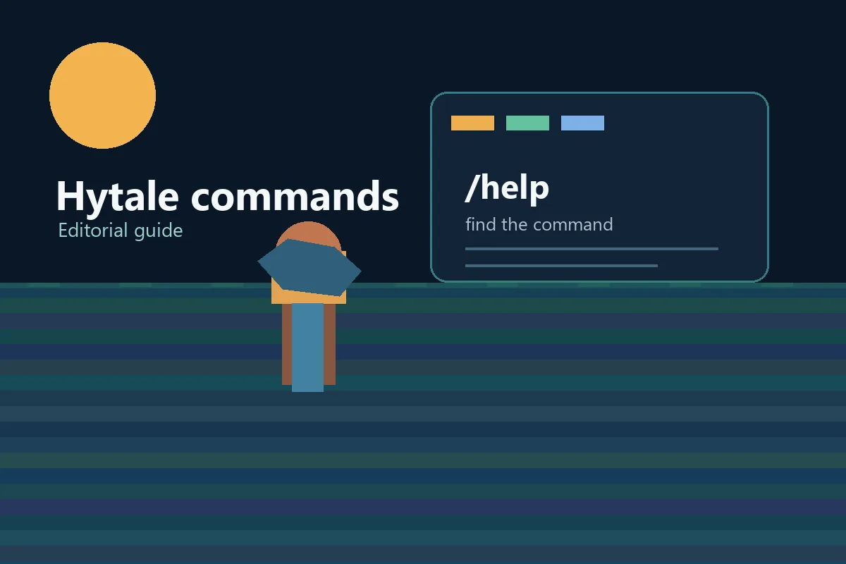 Editorial concept diagram of a Hytale player checking help commands beside a server world