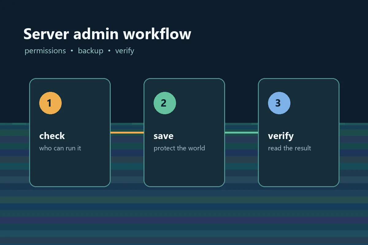 Editorial concept diagram showing permission, backup, and verification stages for a Hytale server command