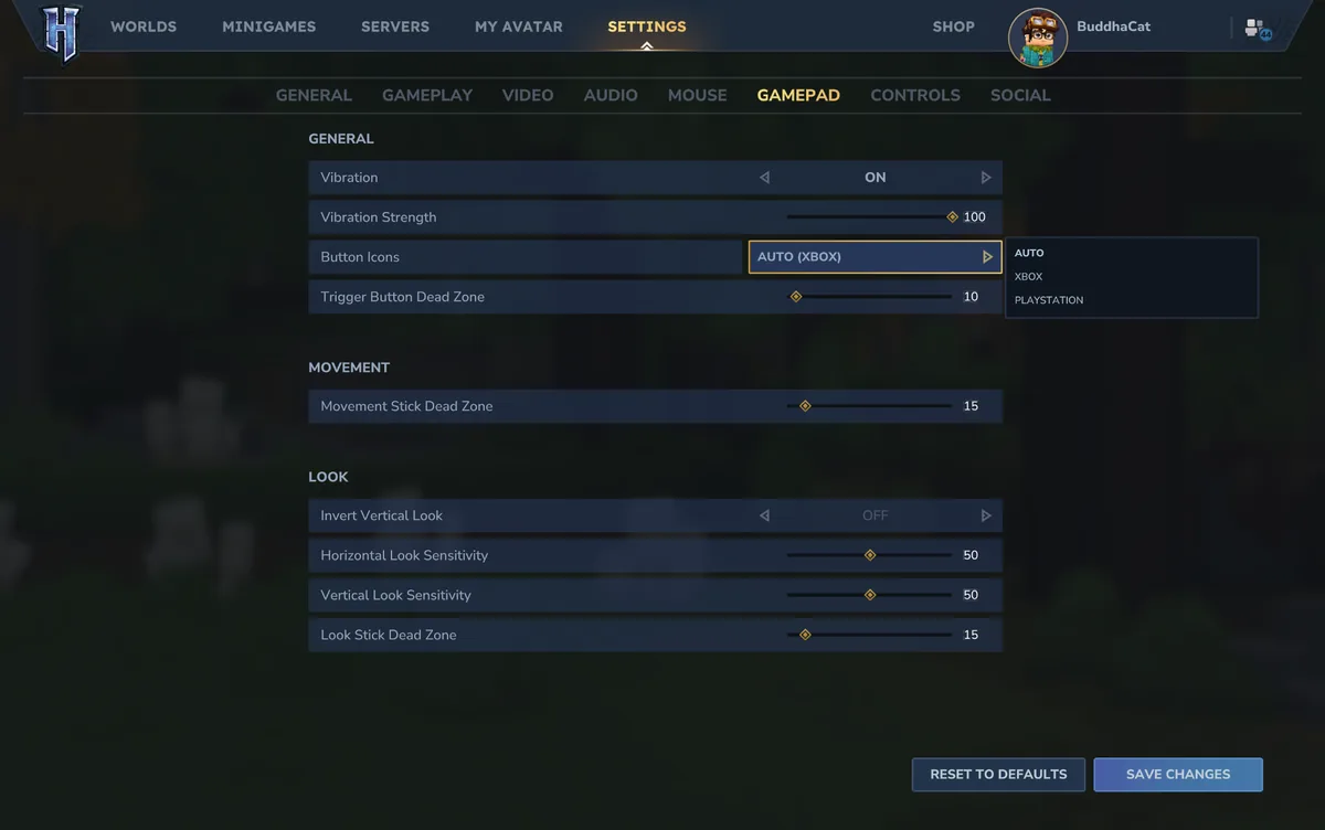Paramètres Gamepad officiels de Hytale avec vibration et zones mortes