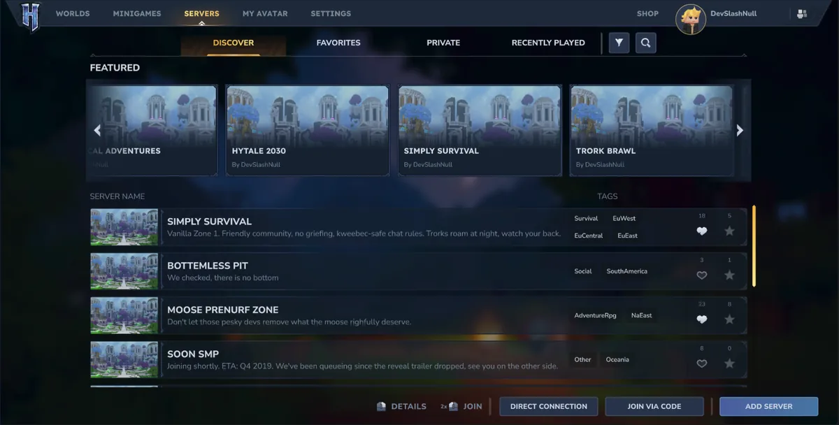 Navigateur de serveurs officiel Hytale dans Update 5