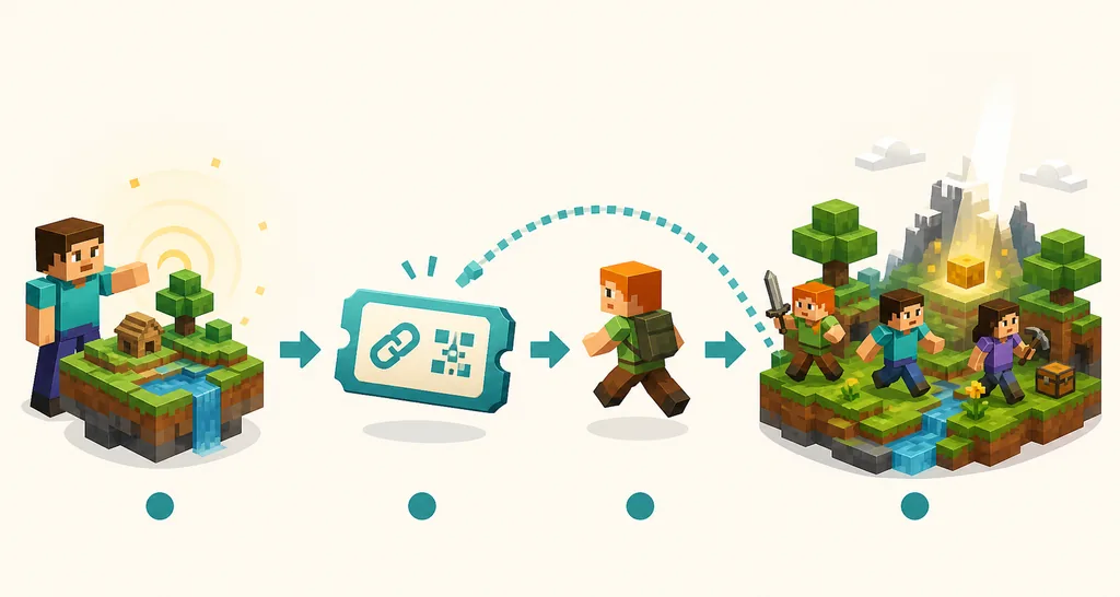 Conceptual flow showing a host world, an invitation symbol, a friend connection and a shared adventure