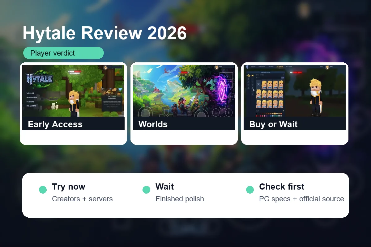 Hytale Early Access Review Collage mit Menu, Erkundung, Kreativwerkzeugen und Entscheidungspunkten