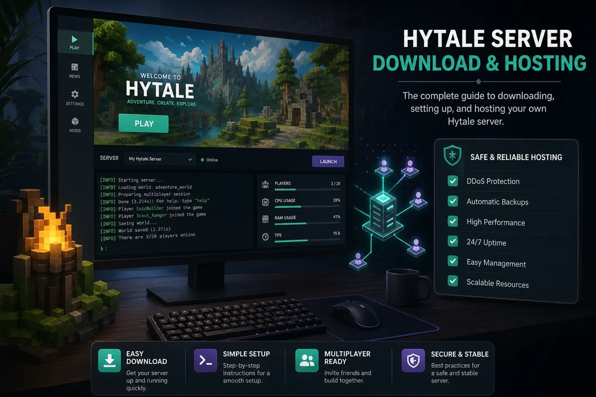 Hytale server download guide with launcher, server console, and hosting checklist