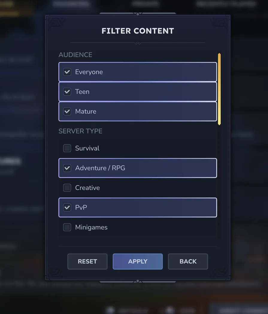 Pannello ufficiale dei filtri Hytale con pubblico e tipi di server