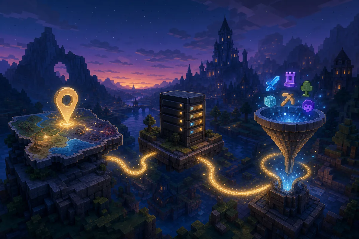 Illustrazione concettuale con mappa, server Hytale e filtro collegati da un percorso