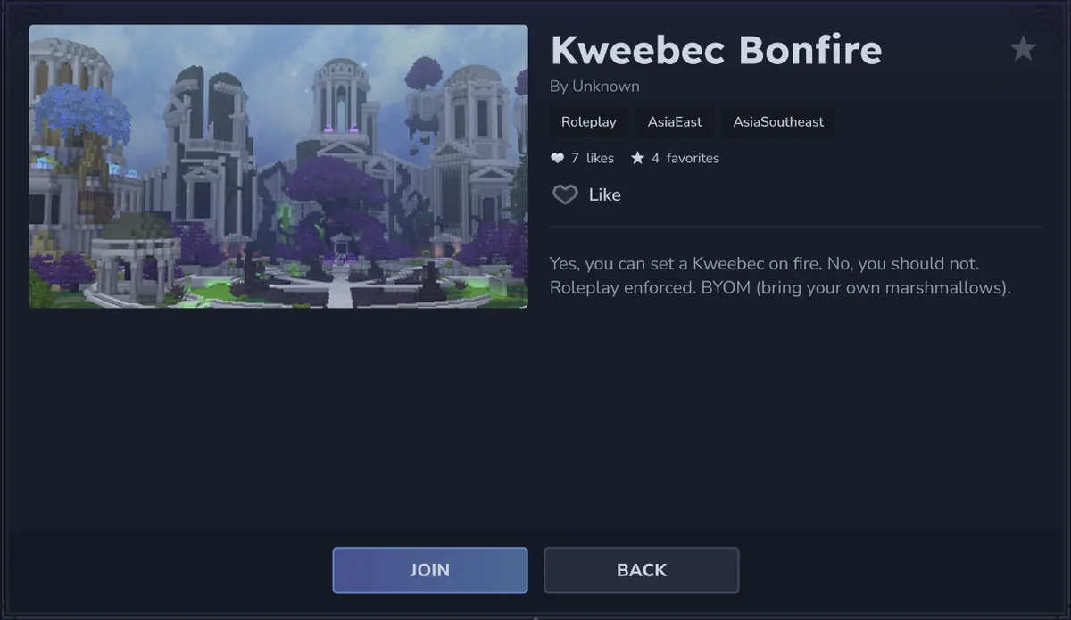 Profilo ufficiale Hytale con immagine, creatore, tag, preferiti e pulsante Unisciti
