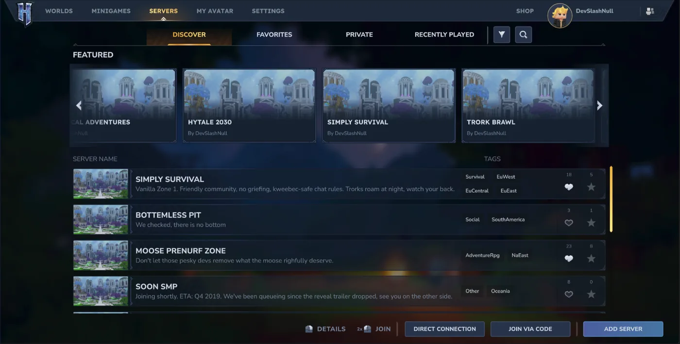 Official Hytale server discovery screen with server entries and connection controls