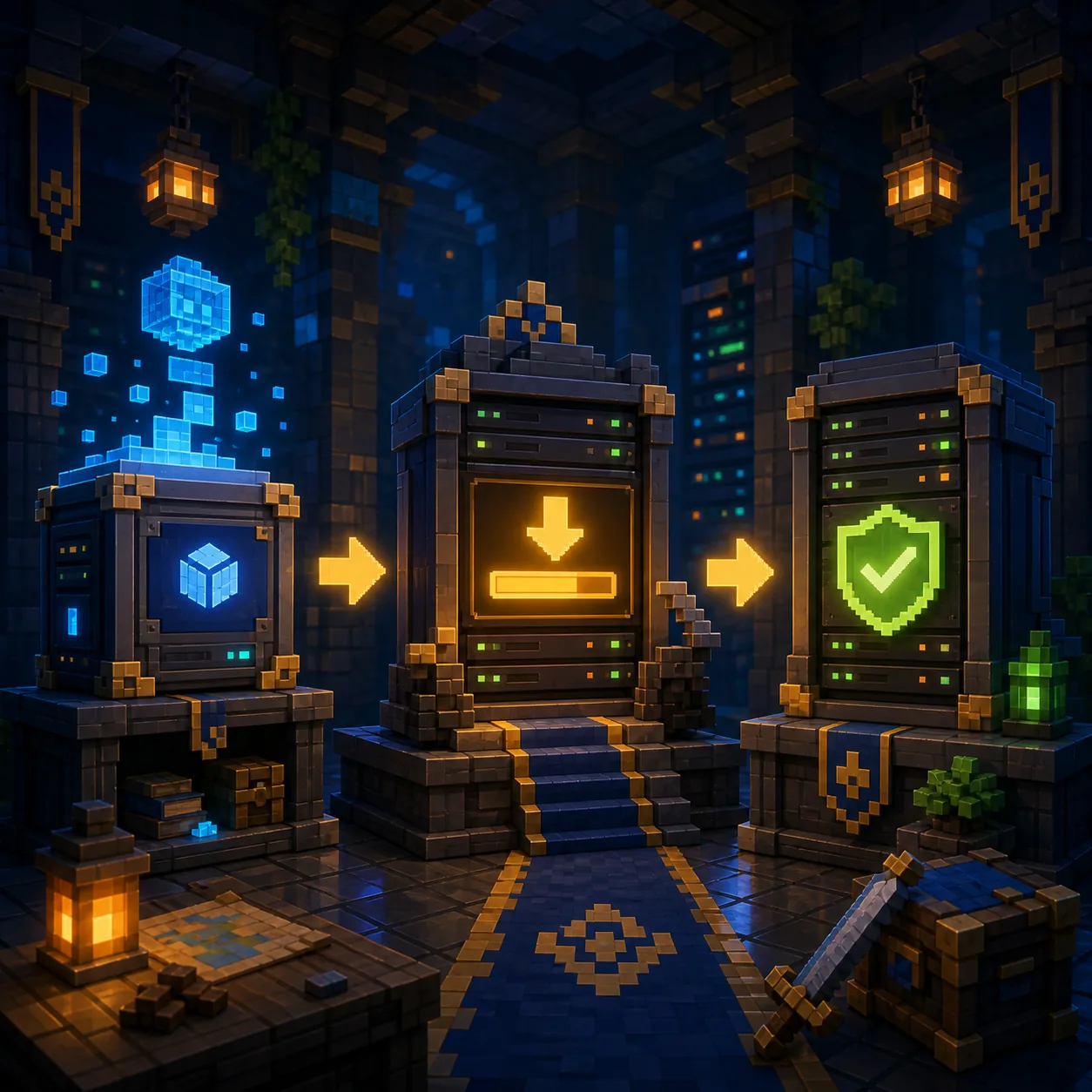 Conceptual voxel server room showing backup, update, and validation stages for a Hytale server