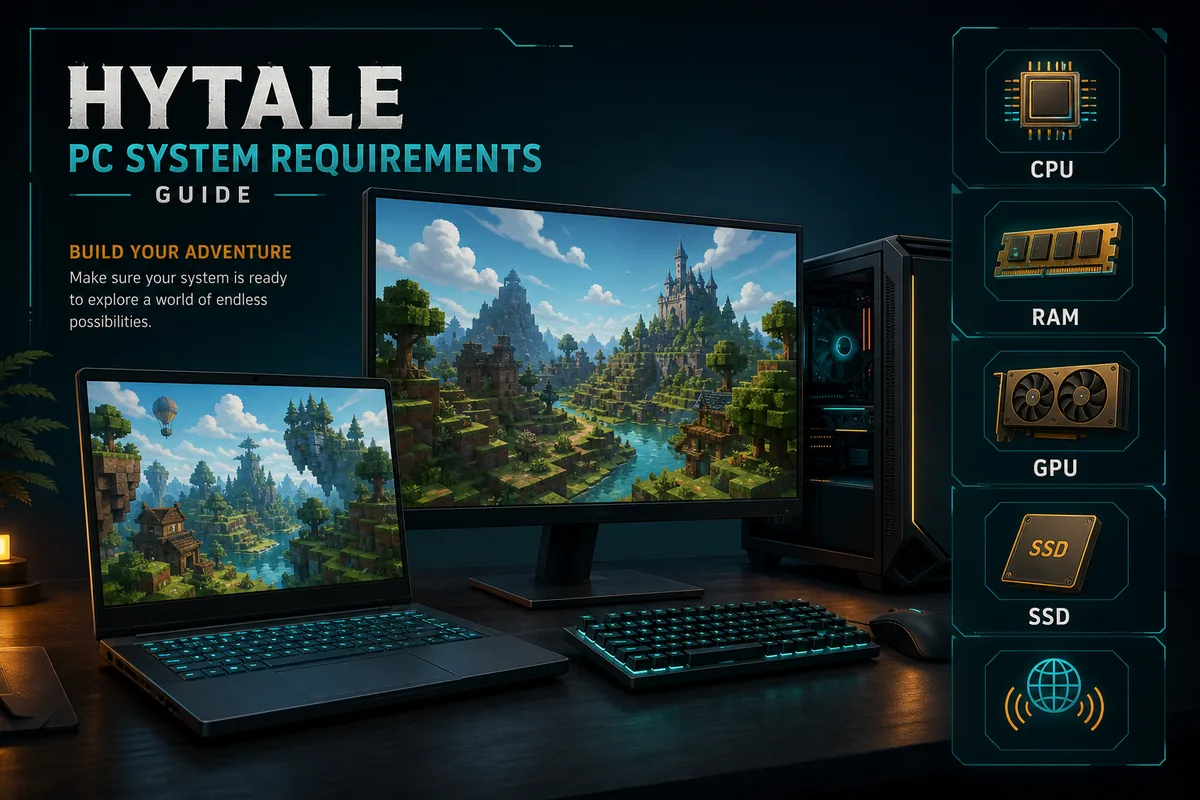 CPU RAM GPU SSD 네트워크를 보여주는 Hytale 시스템 요구 사항 가이드 이미지