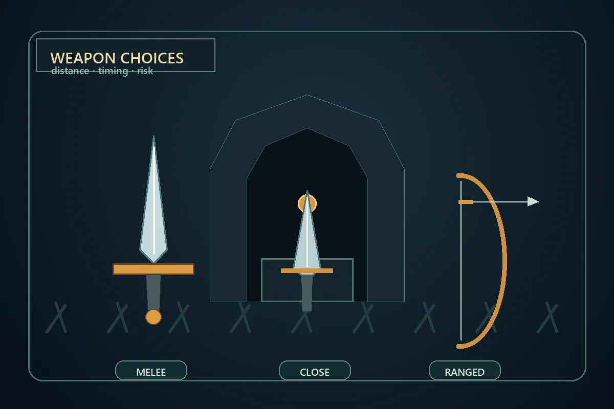 Editorial illustration of a Hytale weapon choice between a sword, dagger, and bow
